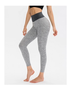 Close-up of grey bubble textured honeycomb yoga pants with high-waisted slimming band