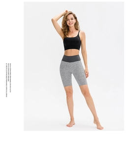 Women's high waist honeycomb texture yoga shorts and black sports bra fitness set