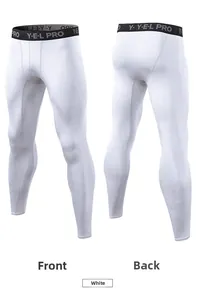 Front and back view of white men's compression pants with high elastic waist and pro logo