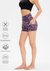 Detail of high-waisted purple camo yoga shorts with side pockets and functional icons