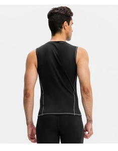 Rear view of a men's black compression sports vest with flatlock seams and athletic fit