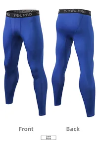 Front and back view of men's PRO compression sports pants in navy blue breathable fabric