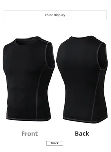 Front and back views of men's black sleeveless compression sports vest with flatlock seams