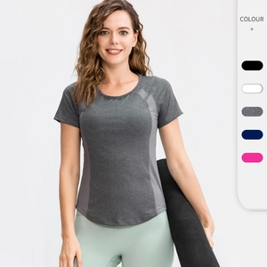 T-Shirt de Sport Patchwork en Maille pour Femmes Col Rond Haute Élasticité Séchage Rapide Fitness Yoga Coupe Ajustée