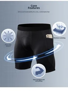 Detail view of men's athletic shorts showing a functional phone pocket and elastic fabric