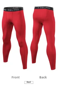 Front and back detail of red compression pants featuring ergonomic seams and elastic waistband