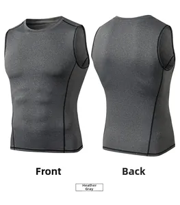 Front and back view of men's heather grey quick-dry athletic vest with black piping