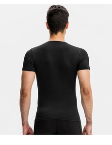 Rear view of black men's compression shirt showing back seam detail and elastic sport fabric