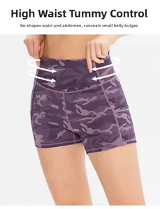 Close-up of high-waist tummy control function on purple camo printed sports shorts
