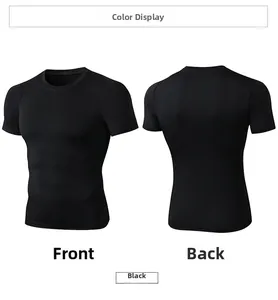 Front and back view of men's black high-elastic compression sports shirt for fitness training