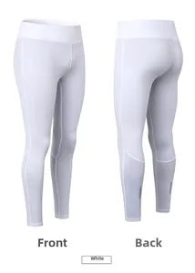 Vues détaillées avant et arrière du legging de yoga blanc avec bandes réfléchissantes