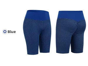 Detailed view of blue honeycomb textured high waist yoga shorts with peach lift effect