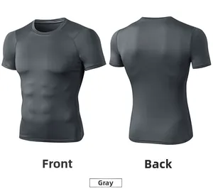 Front and back detail of grey compression fitness t-shirt with high elasticity for men