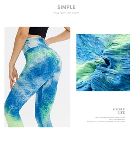 Detail of high waist yoga leggings with honeycomb texture and blue green gradient fabric