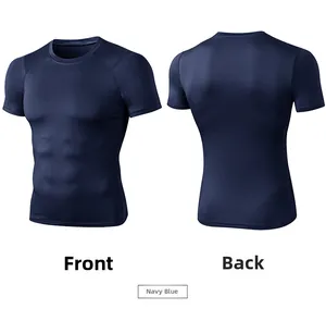 Front and back views of navy blue compression sports t-shirt with muscle fit design