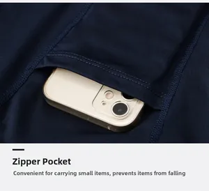 Detail of dark blue athletic shorts featuring a secure zipper pocket for smartphone storage