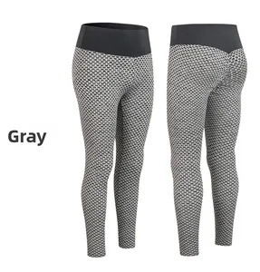 Detail of high waist grey honeycomb textured yoga pants showing front and back views