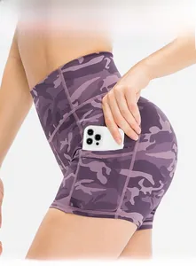 Detail of high waist fitness shorts featuring camouflage print and functional side pockets