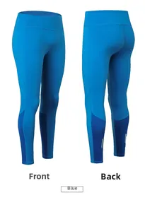 Vue avant et arrière du legging de yoga bleu taille haute avec bandes réfléchissantes