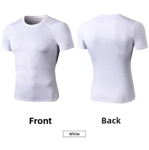 Front and back views of white compression fitness t-shirt in quick-dry stretch fabric