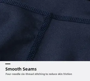 Detailed macro view of four-needle six-thread flat seams on men's blue sports shorts