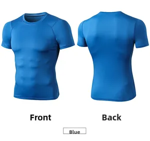 Front and back views of a blue men's pro fitness compression quick-dry t-shirt