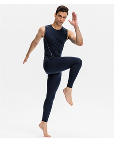 Detail of navy blue men's compression tights and sleeveless top in a running pose