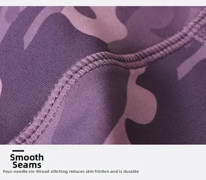 Detail of four-needle six-thread flat seams on purple camo high-waist fitness shorts