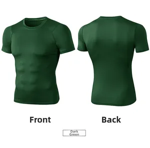 Front and back views of a dark green compression fitness shirt for men with raglan sleeves