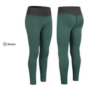 Detail of green honeycomb fabric leggings with high waist and scrunch butt design