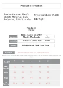 Detailed size chart for men's compression shorts with high-elastic fabric measurements