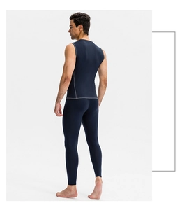 Detail of dark blue compression set with flatlock seams for men's athletic training