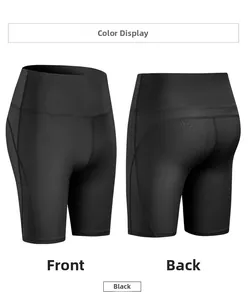 Front and back views of high-waisted black yoga shorts with ergonomic stitching details