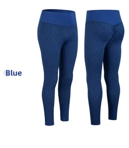 Detail of blue honeycomb yoga pants showing high-waisted scrunch butt texture and fit
