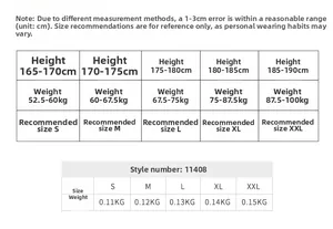 Men's athletic shorts size chart with height, weight and product weight specifications