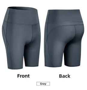 Detailed front and back view of grey high-waisted yoga shorts with ergonomic stitching