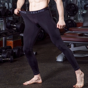 Men's high-elastic compression fitness pants with pro branding for gym running workout