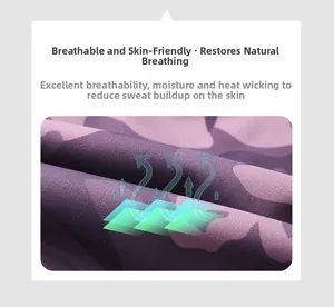 Close-up of purple camouflage fabric showing breathable moisture-wicking technology
