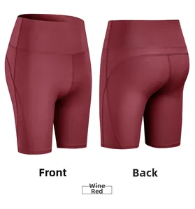 Front and back view of wine red high waist yoga shorts with peach butt lifting effect