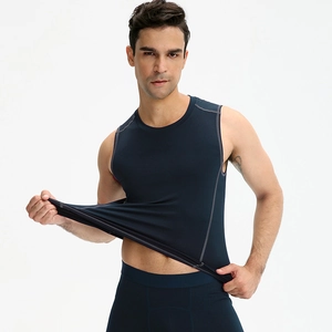 Men's navy blue quick-dry compression gym vest with grey stitching and high elasticity