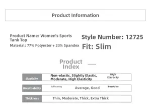 Tableau des tailles montrant 77% polyester et 23% élasthanne pour le haut de yoga slim fit