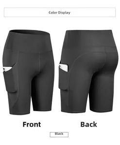 Dettaglio degli shorts da yoga neri a vita alta con tasca laterale ed effetto modellante