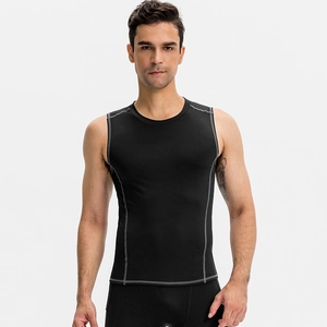 Men's compression sports tank top in quick-dry black fabric with gray muscle-line stitching