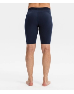 Detail view of mens navy compression shorts showing back fit and elastic waistband