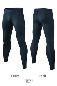 Front and back views of navy blue men's compression pants with moisture-wicking fabric
