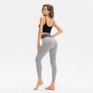 High waist honeycomb yoga leggings with peach lift effect and grey textured fabric
