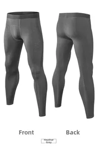 Front and back view of men's compression fitness pants in textured heather grey fabric