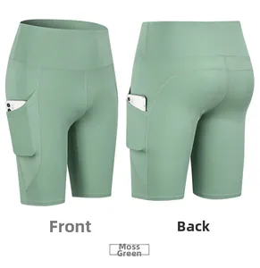 Pantaloncini yoga verde muschio a vita alta con tasche laterali ed effetto push-up
