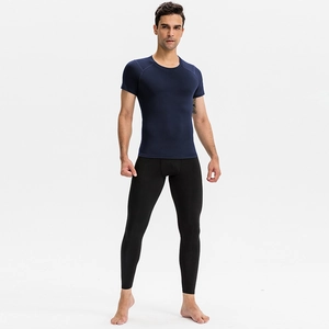 Men's high-elastic compression fitness suit with navy t-shirt and black leggings