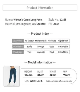Guide des tailles pour jogging bleu marine avec détails du tissu et mensurations